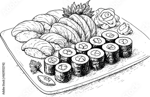Detailed artistic sushi platter sketch with various rolls and sashimi. Japanese cuisine illustration with fine line drawing, vector design isolated on white background.