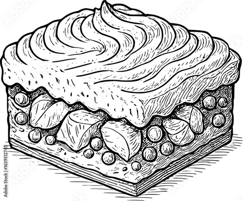 Detailed line art fish pie sketch with mashed potato topping. Cross-section view of traditional English comfort food, vector illustration isolated on white background.