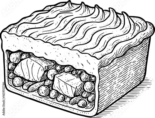 Detailed line art fish pie sketch with mashed potato topping. Cross-section view of traditional English comfort food, vector illustration isolated on white background.