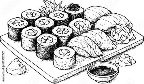 Detailed artistic sushi platter sketch with various rolls and sashimi. Japanese cuisine illustration with fine line drawing, vector design isolated on white background.
