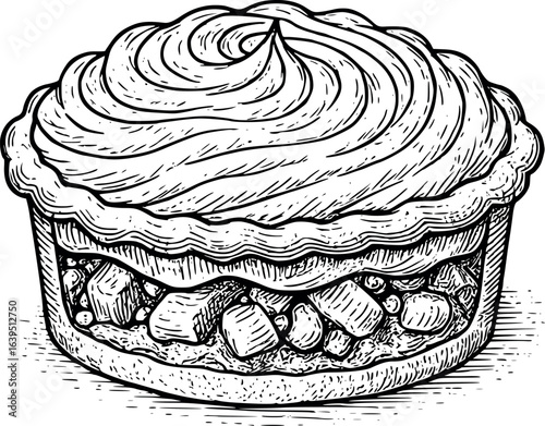 Detailed line art fish pie sketch with mashed potato topping. Cross-section view of traditional English comfort food, vector illustration isolated on white background.