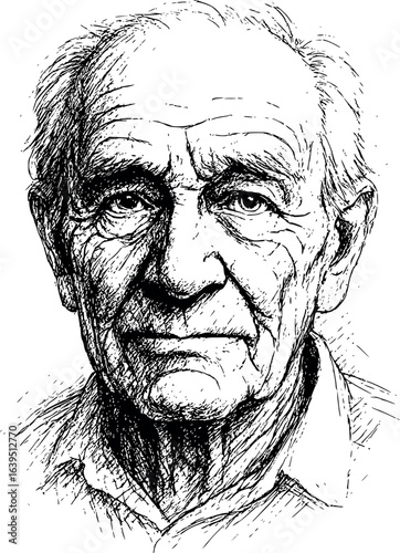 Elderly Portrait Sketch. Expressive Face Drawing With Detailed Wrinkles And Character Lines