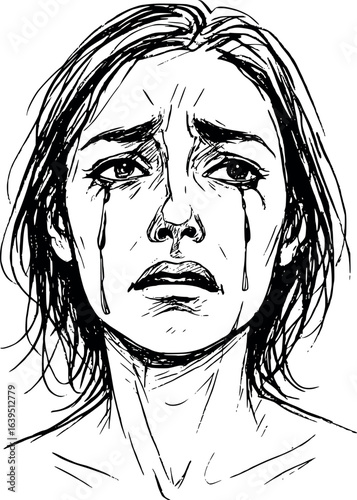 Crying woman portrait sketch. Emotional line art illustration, vector format.