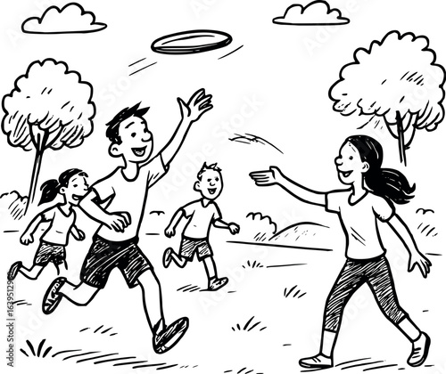Summer frisbee game sketch – outdoor group sport in vector style