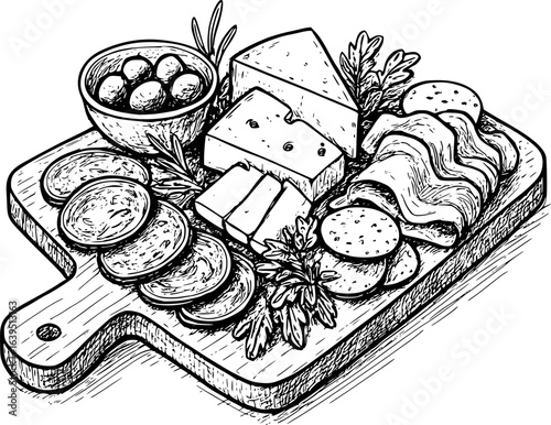 Hand-drawn charcuterie board sketch with assorted meats and cheeses. Gourmet appetizer illustration in loose pen style, vector design isolated on white background.