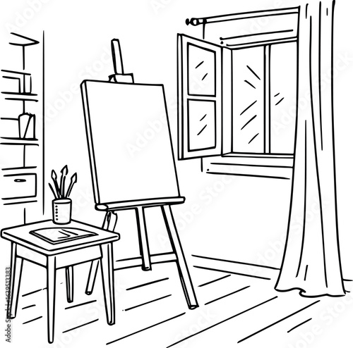 Artist studio sketch with easel and brushes. Hand-drawn creative workspace vector isolated on white.