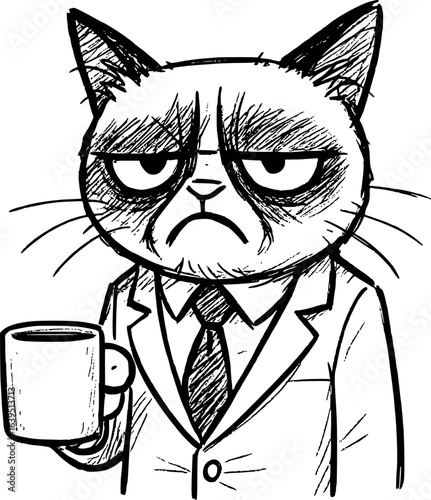 Funny grumpy cat in suit sketch with coffee. Hand-drawn humor cartoon vector isolated on white.