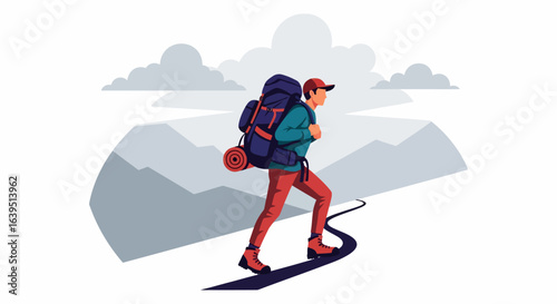 Hiker with a large backpack trekking on a winding path through the mountains