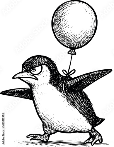 Penguin with balloon sketch trying to fly. Hand-drawn absurd cartoon vector isolated on white.