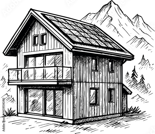 Modern alpine chalet sketch with solar glass elements. Hand-drawn mountain home vector isolated on white.