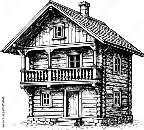 Traditional wooden home sketch with balcony. Hand-drawn classic architecture vector isolated on white.