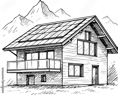 Modern alpine chalet sketch with solar glass elements. Hand-drawn mountain home vector isolated on white.