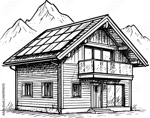 Wallpaper Mural Modern alpine chalet sketch with solar glass elements. Hand-drawn mountain home vector isolated on white. Torontodigital.ca