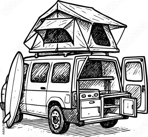 Van life home sketch with rooftop tent and kitchen. Hand-drawn mobile living vector isolated on white.