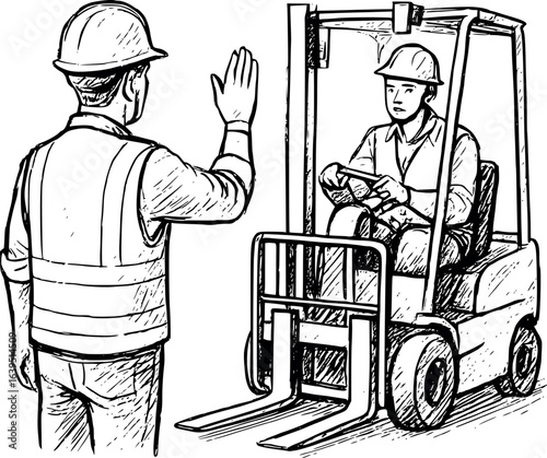 Forklift teamwork sketch with safety gear. Hand-drawn construction coordination vector isolated on white.