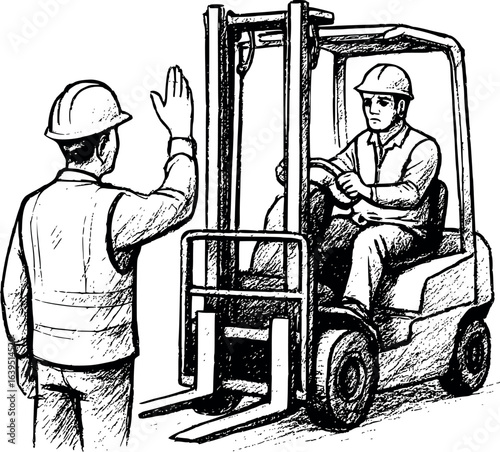 Forklift teamwork sketch with safety gear. Hand-drawn construction coordination vector isolated on white.