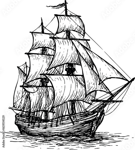 Old sailing ship with tall masts hand-drawn maritime vector sketch
