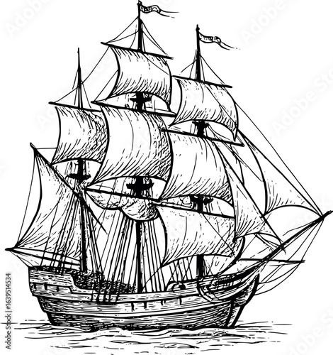 Old sailing ship with tall masts hand-drawn maritime vector sketch