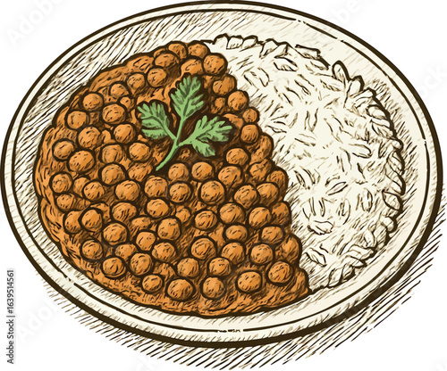 Vegan lentil curry with rice hand-drawn sketch. Rustic food illustration with crosshatching technique, earthy colors vector design isolated on white background.