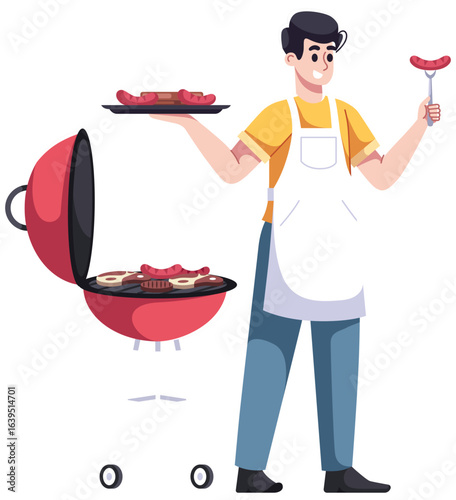 Barbecue Man Grilling Meat Illustration