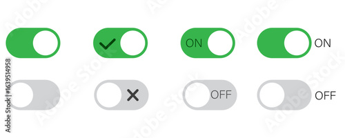 Set of vector illustration of toggle switches interface buttons showing on and off states in green and grey colors for app ui, settings control, user experience and digital interface design