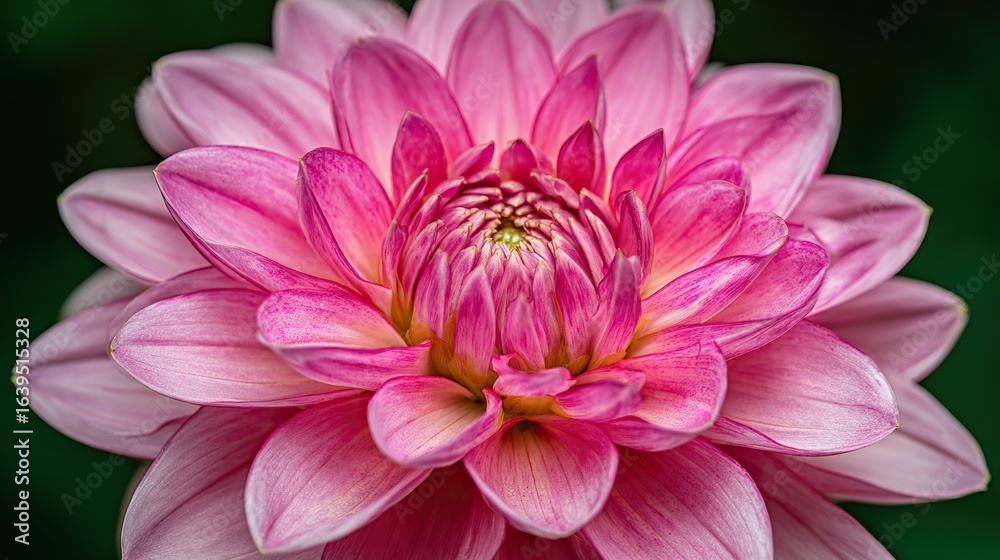 Obraz premium A close-up of a vibrant pink dahlia flower, showcasing its intricate petals, delicate center, and every high-resolution detail, creating an immersive experience to explore each petal's unique beauty.