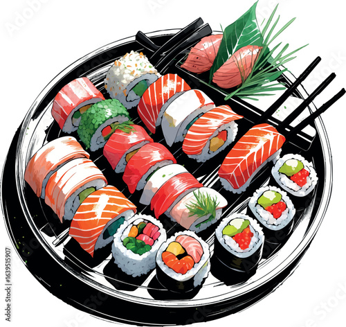 Detailed artistic sushi platter sketch with various rolls and sashimi. Japanese cuisine illustration with fine line drawing, vector design isolated on white background.