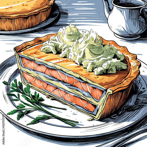 Detailed line art fish pie sketch with mashed potato topping. Cross-section view of traditional English comfort food, vector illustration isolated on white background.