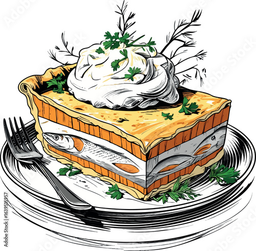 Detailed line art fish pie sketch with mashed potato topping. Cross-section view of traditional English comfort food, vector illustration isolated on white background.