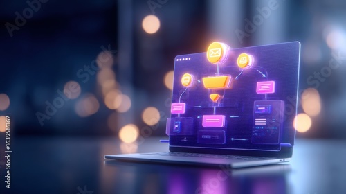 A futuristic laptop displaying a digital flowchart with colorful icons, set against a blurred background of soft lights.