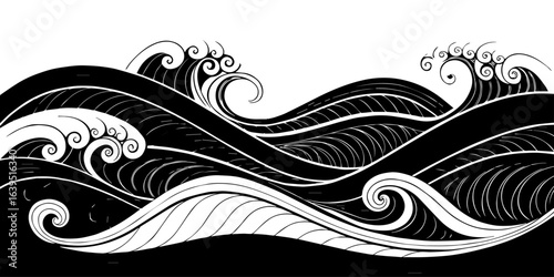 
"Bold black and white illustration of a powerful ocean wave curling with dynamic lines and flowing movement, evoking strength and elegance."
