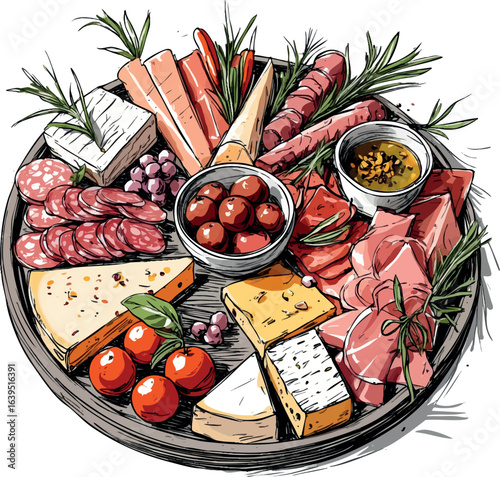 Hand-drawn charcuterie board sketch with assorted meats and cheeses. Gourmet appetizer illustration in loose pen style, vector design isolated on white background.