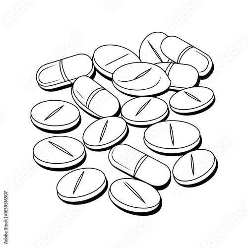 A black and white pills illustration line art of a coloring page