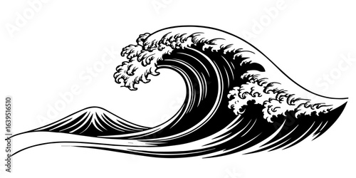 
"Stylized monochrome wave art, featuring sweeping curves and frothy crest details, symbolizing nature’s power and rhythm."

