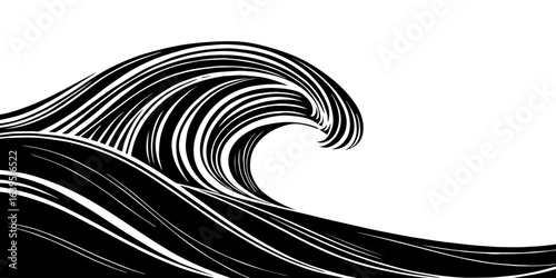 
"Stylized monochrome wave art, featuring sweeping curves and frothy crest details, symbolizing nature’s power and rhythm."

