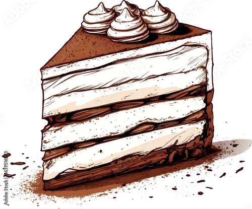 Hand-drawn tiramisu slice sketch with cocoa dusting. Italian dessert illustration showing cross-section layers, vector design isolated on white background.