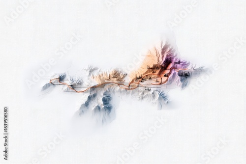 A stylized map featuring mountains and a winding route, blending topographical details with artistic elements in soft colors.