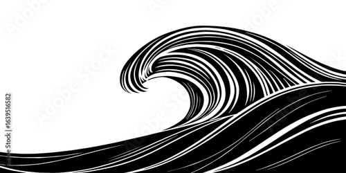 
"Stylized monochrome wave art, featuring sweeping curves and frothy crest details, symbolizing nature’s power and rhythm."

