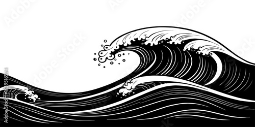 
"Stylized monochrome wave art, featuring sweeping curves and frothy crest details, symbolizing nature’s power and rhythm."

