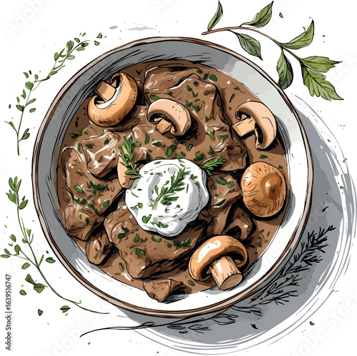 Hand-drawn beef stroganoff sketch illustration with mushrooms. Rustic cookbook style drawing of classic comfort food, vector design isolated on white background.