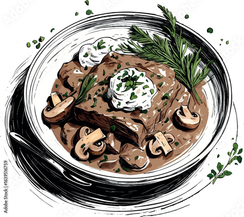 Hand-drawn beef stroganoff sketch illustration with mushrooms. Rustic cookbook style drawing of classic comfort food, vector design isolated on white background.