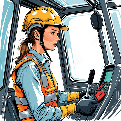 Female crane operator sketch with helmet and vest. Hand-drawn heavy equipment worker vector isolated on white.