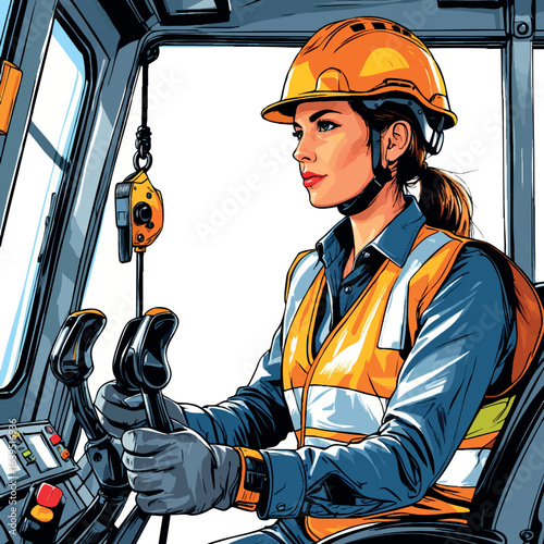 Female crane operator sketch with helmet and vest. Hand-drawn heavy equipment worker vector isolated on white.