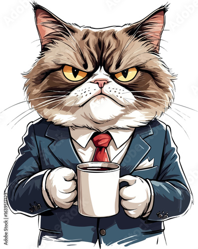 Funny grumpy cat in suit sketch with coffee. Hand-drawn humor cartoon vector isolated on white.