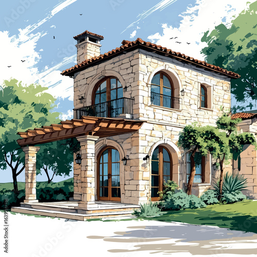Modern Mediterranean house with arched windows. Hand-drawn cultural adaptation vector isolated on white.