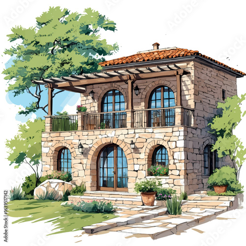Modern Mediterranean house with arched windows. Hand-drawn cultural adaptation vector isolated on white.
