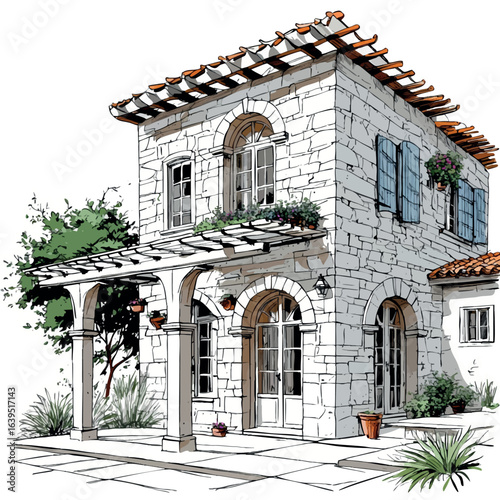 Modern Mediterranean house with arched windows. Hand-drawn cultural adaptation vector isolated on white.