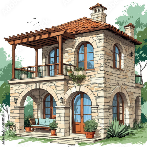 Modern Mediterranean house with arched windows. Hand-drawn cultural adaptation vector isolated on white.