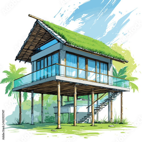 Modern Indonesian stilt house sketch. Hand-drawn cultural fusion home vector isolated on white.