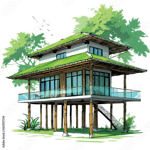 Modern Indonesian stilt house sketch. Hand-drawn cultural fusion home vector isolated on white.